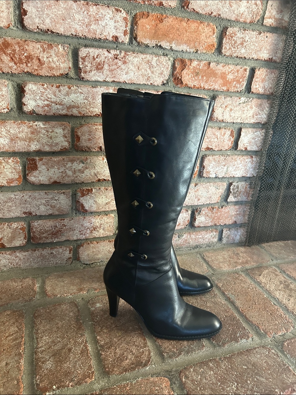 Nina Black Studded Leather Knee High Boots
